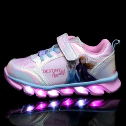 Disney girls sports shoes spring summer new high-top children's casual shoes LED light rubber artificial leather elsa shoes