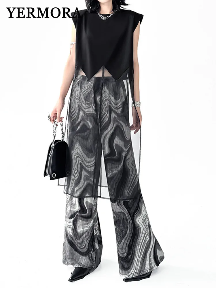 

YERMORA Women Black Spliced Organza Hem Casual T-shirt O-neck Sleeveless Loose New Tops Fashion Tide Spring Summer 2025