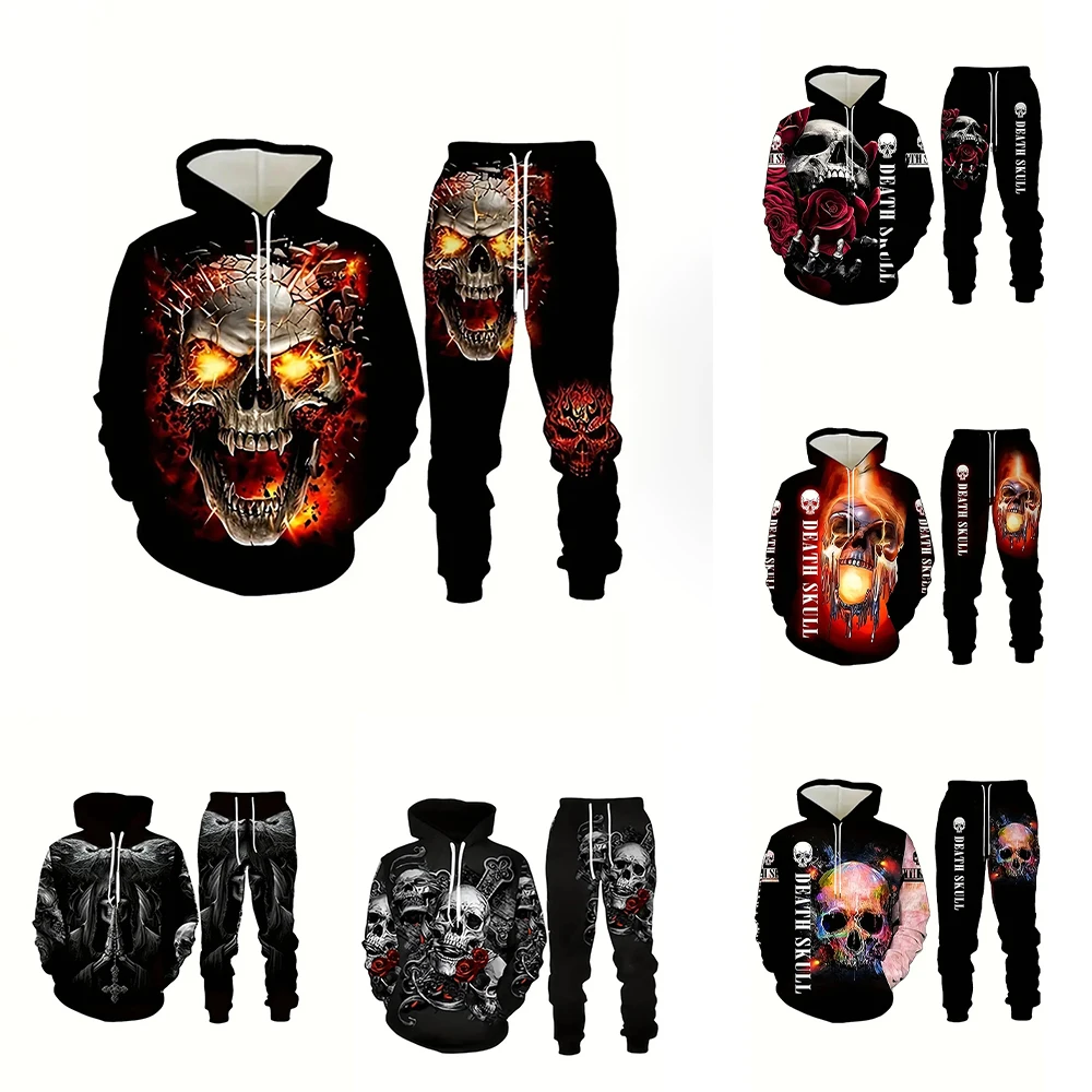 Flame Skull 3D Printed Retro 2-piece hoodie sweatpants for men Fall Winter Casual Street retro men\'s fashion sweatshirt hoodie