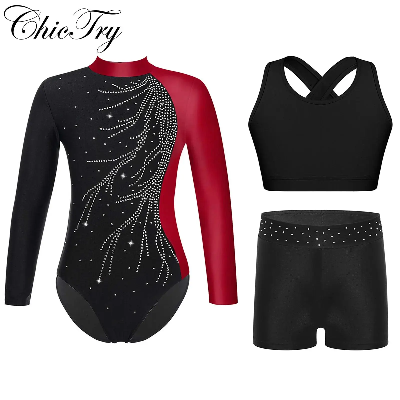 

Kids Girls Ballet Dance Sets Sports Gymnastics Workout Outfits Long Sleeve Keyhole Back Leotard with Vest and Rhinestones Shorts