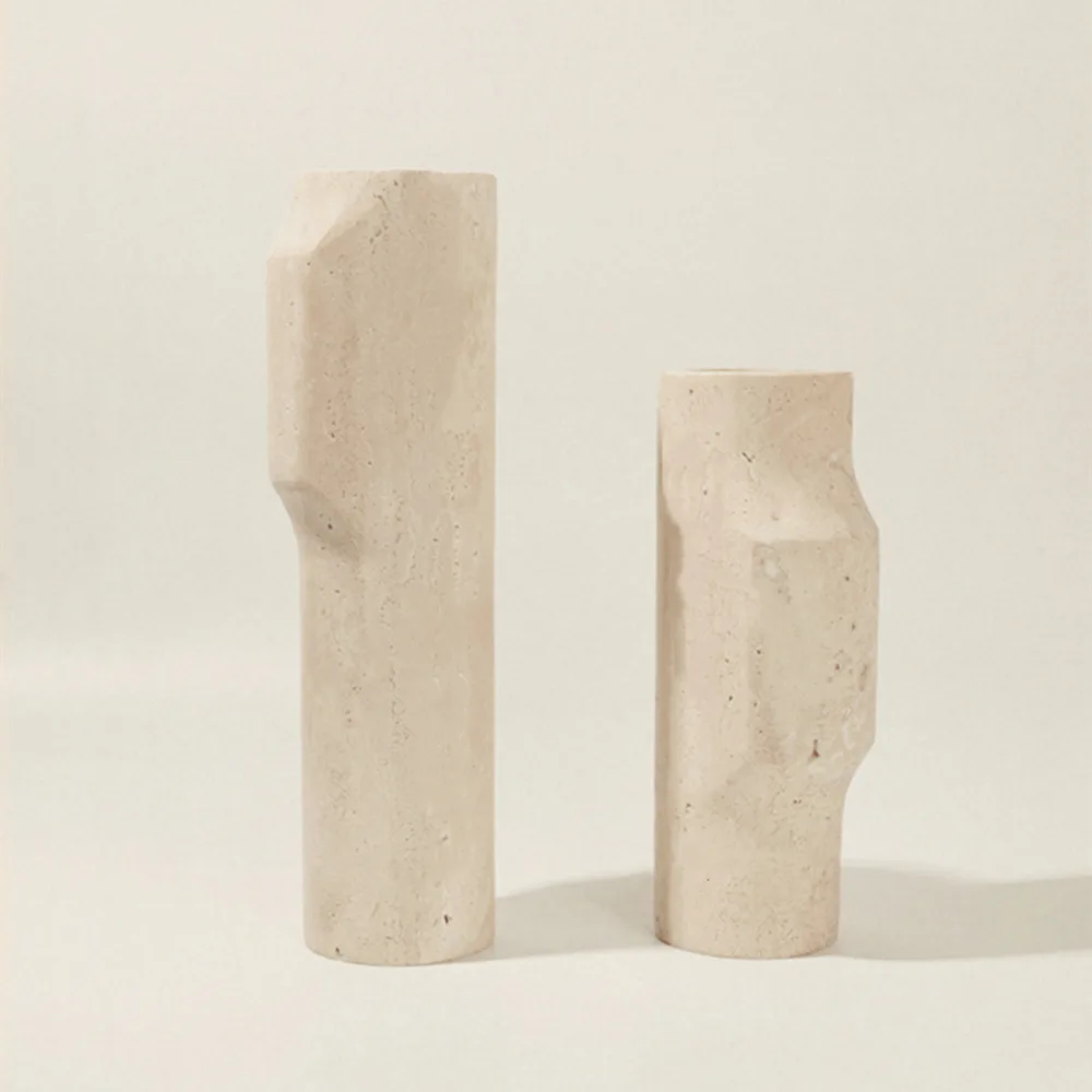 

Wabi-sabi Wind 1 Set of 2 Beige Travertine Flower Vessel Customized Wholesale Natural Marble Stone Vase Ornaments