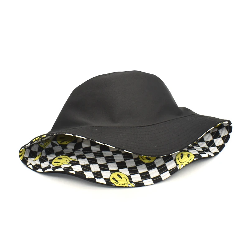 Bocca Smile Face Bucket Hat Plaid Panama Fisherman Hats Women Men Yellow Face Cartoon Bob Cap Hip Hop Foldable Sun Outdoor Caps