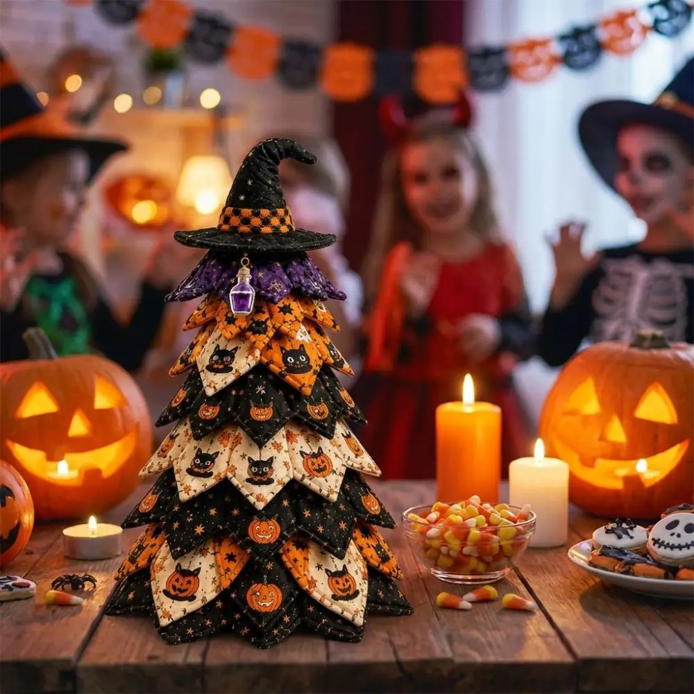 Vintage Halloween Quilted Fabric Tree Kit Pumpkin Ghost Black Cat Spider DIY Patchwork Tabletop Tree Set Tree Ornament 3D Thick