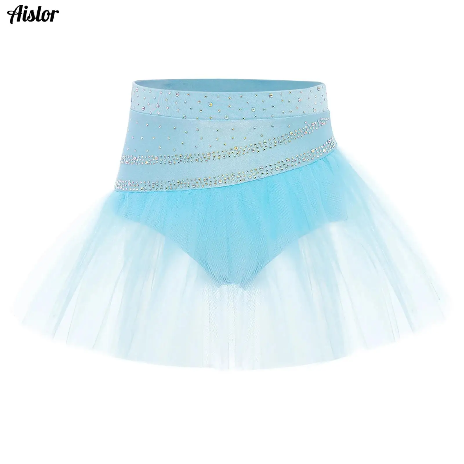 

Kids Girls Ballet Skirt Shiny Rhinestones Elastic Waist 2 Layers Tulle Tutu Skirts Jazz Latin Lyrical Dance Performance Costume