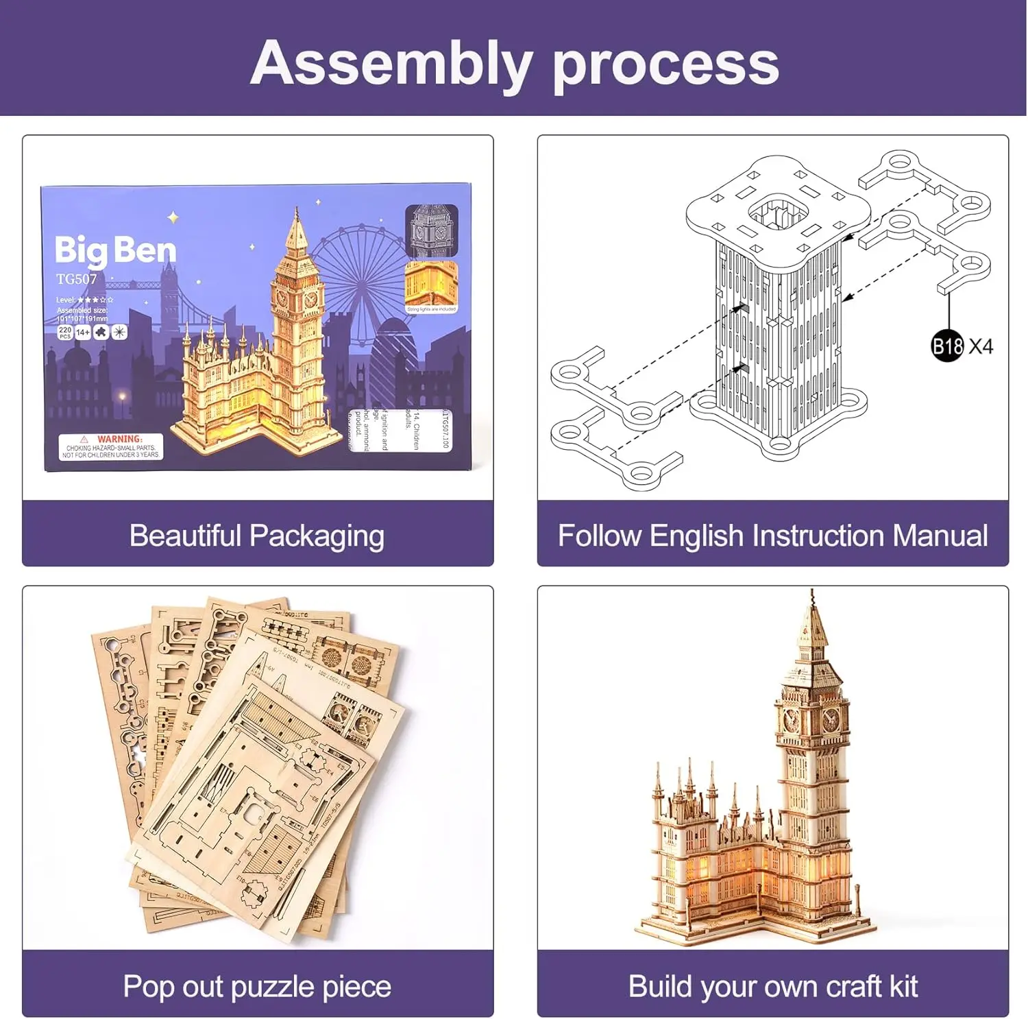 Robotime Big Ben ชุดตัวต่อ3D ชุดงานฝีมือทำจากไม้ชุดโมเดลก่อสร้างแบบ DIY พร้อม kado ulang tahun ไฟ LED สำหรับวัยรุ่นผู้ใหญ่