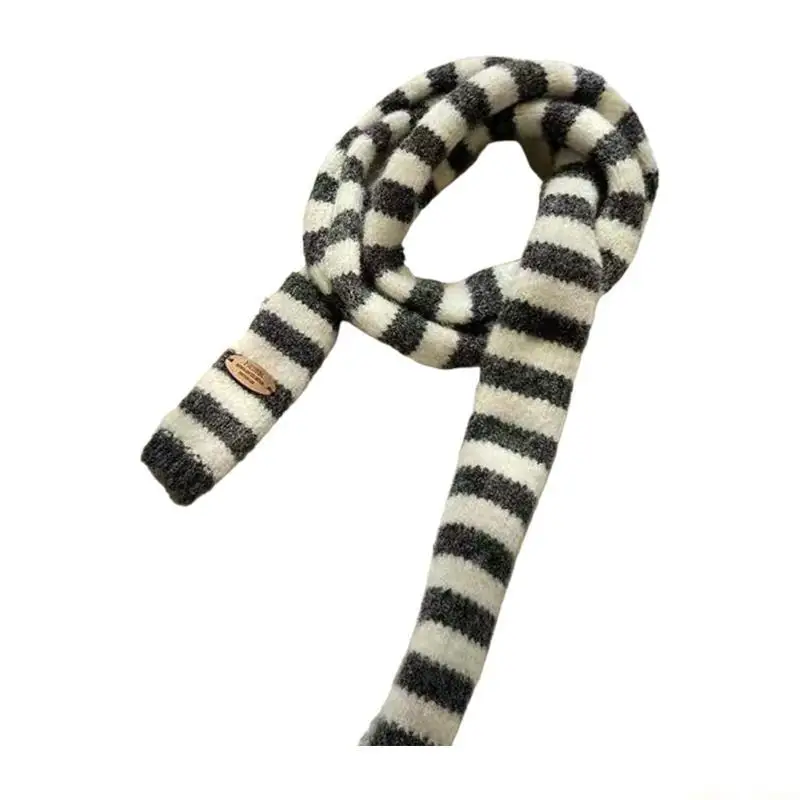 31BF Striped Knit Scarf Unisex Winter Accessory Soft Polyester Fashionable Narrow Long Neck Scarf For Men And Women