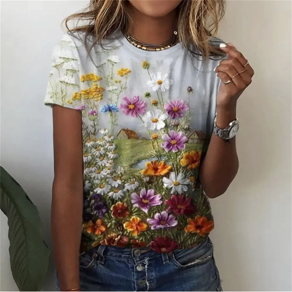 Camiseta floral 3D feminina com estampa, mangas curtas, camisetas na moda, roupas soltas, tops grandes, roupas Y2K, verão, novo