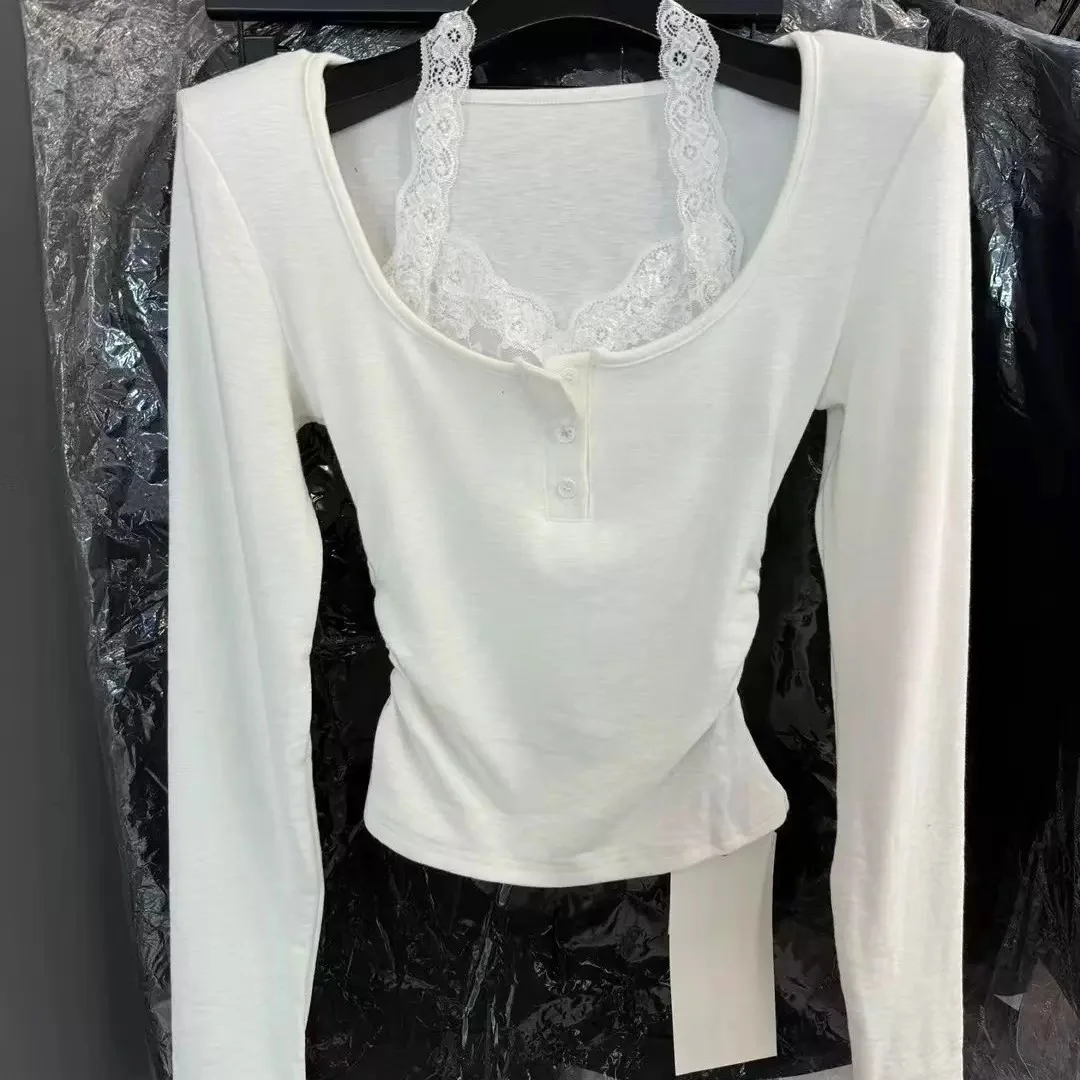 

Korean Sle Long Sve Lace Trim Slim Fit T-irt Women's Fce Lined oulder Padded Comfortable Soft Cotton Winter Top