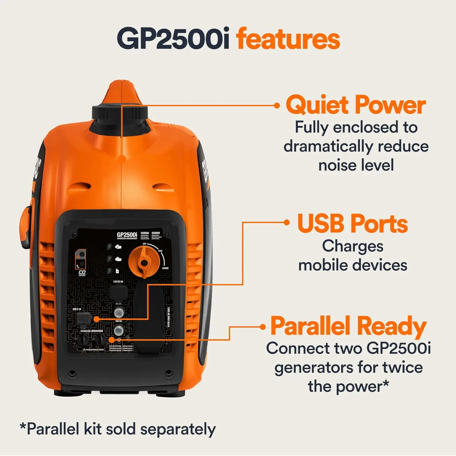 2,500-Watt Gas Powered Portable Inverter Generator - Compact and Lightweight Design - Produces Clean, Stable Power - COs