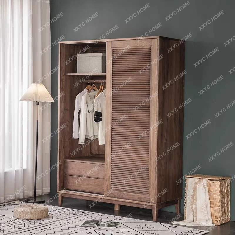 North America Black Walnut Solid Wood Wardrobe Nordic Sliding Door Sliding Door Louver Bedroom Wardrobe