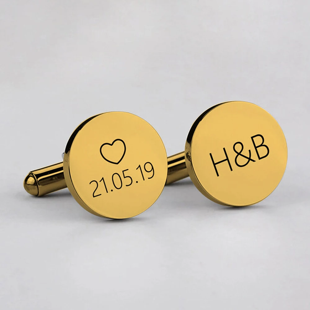 Personalized Round Engraving Cufflinks Stainless Steel Custom Initial Date Heart Minimalist Formal Shirt Accessory For Groom Men