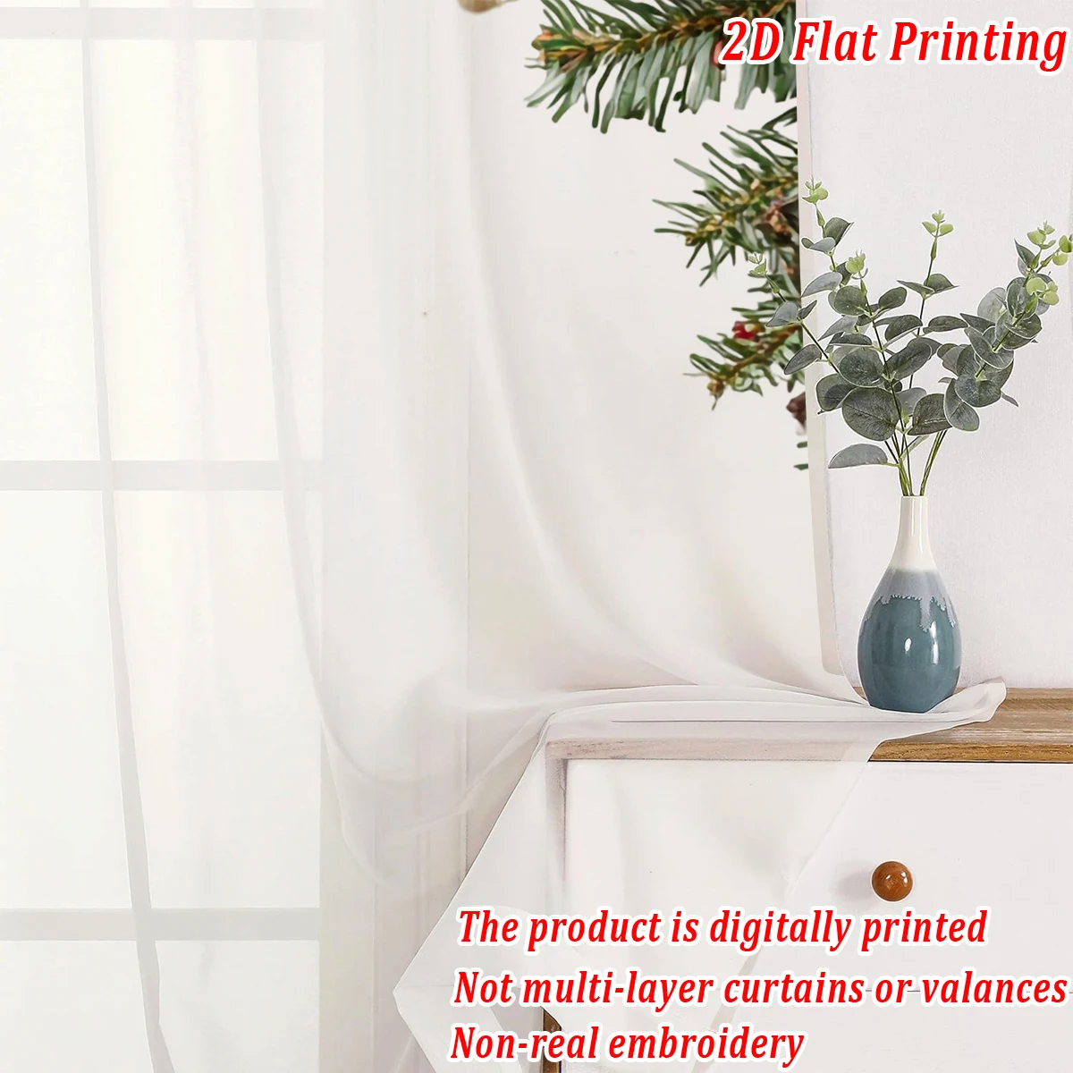 Christmas Flat Printing Sheer Curtain with Christmas Ball Pinecone Ornament Berry for Living Room Bedroom Decor Holiday Party