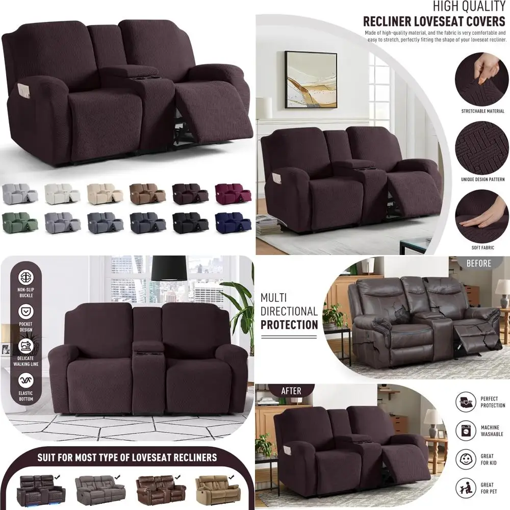 

Recliner Sofa Covers with Middle Console, 2 Seat Couch Cover, Stripe Jacquard Furniture Protection for Loveseat