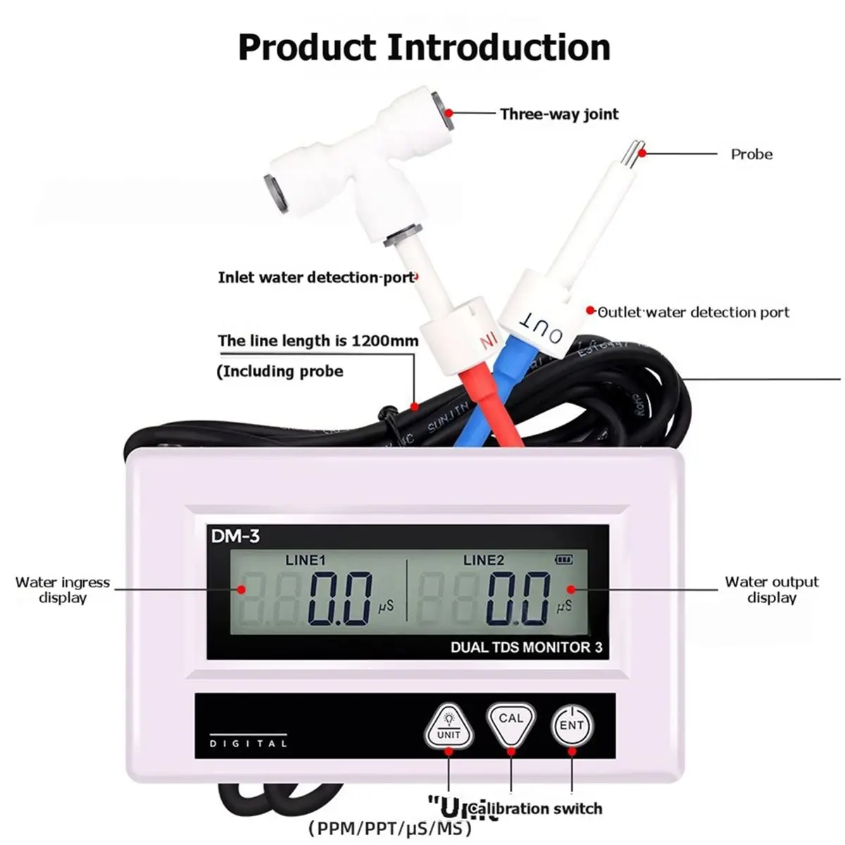 (DT37) DM3 Digital Online Water Quality Tester LCD TDS Meter Dual Channel PPM Detection Inlet Outlet Test for Pool Laboratory