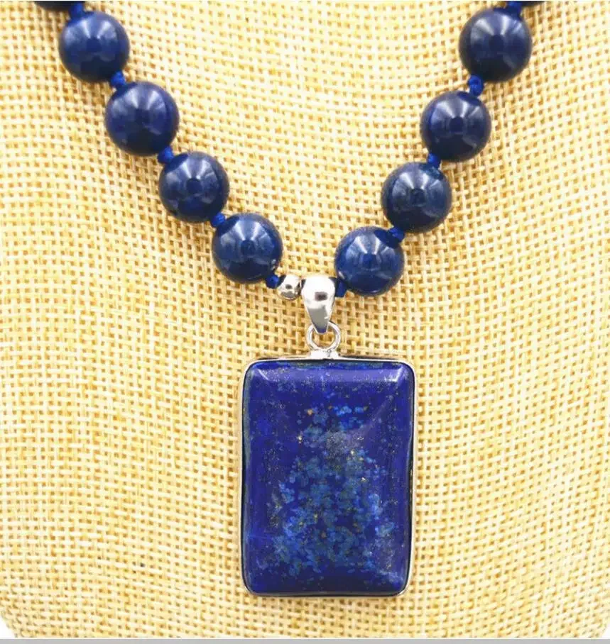 

Fashion jewelry Beautiful 10MM blue Lapis Lazuli Beads & Cube Pendant Necklace 18 " WW