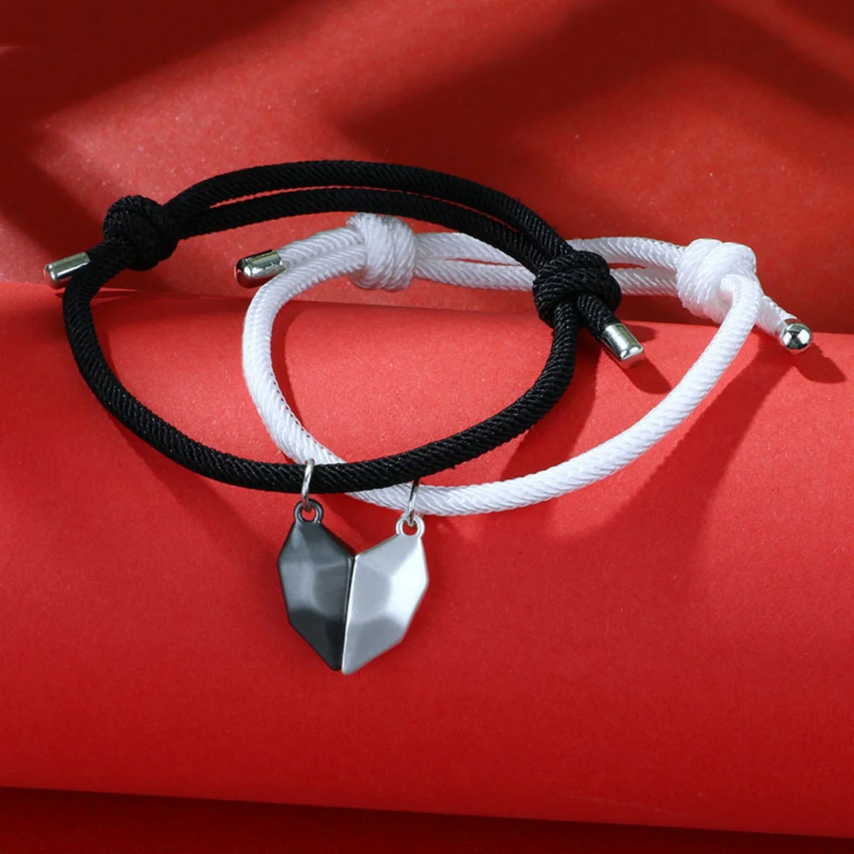 2 Teile/satz Magnet Gewinnen Schwarz Silber Farbe Herz Paar Armbänder Für Frauen Männer Handarbeit Gewebt Schwarz Weiß Seil Armreif Schmuck