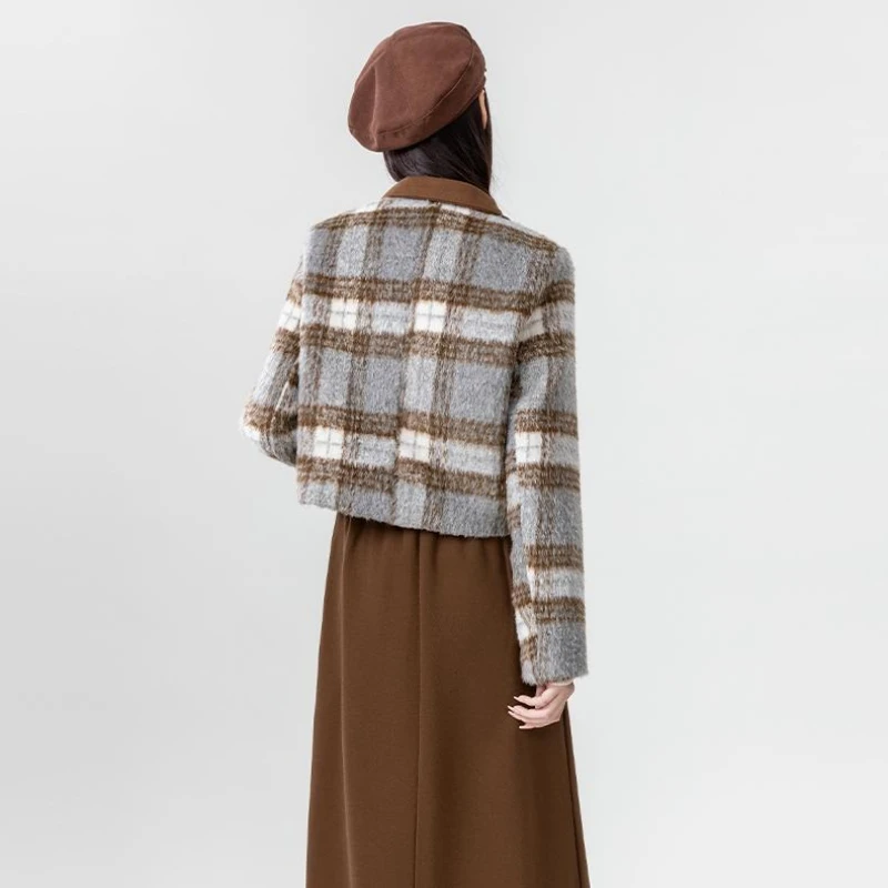 العصرية صغيرة المرأة الخريف الشتاء منقوشة معطف الصوف قصيرة المألوف الكورية نمط سترة صوفية ملابس خارجية الإناث #5