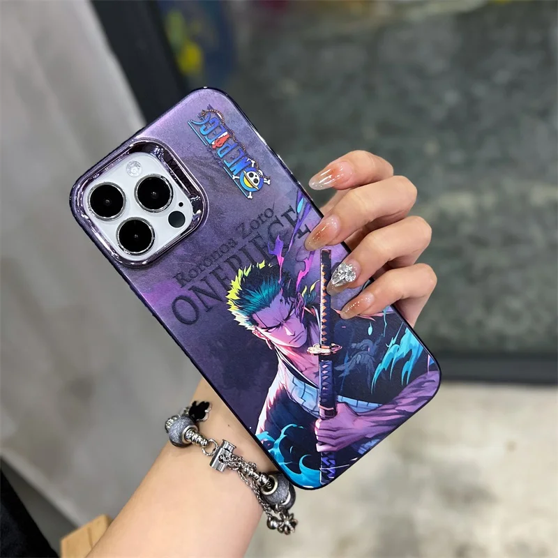 Cartoon Anime O-One Piece Electroplated Silver Phone Case For iPhone 15 14 12 13 11 Pro Max Luffy Zoro Matte Shockproof Cover