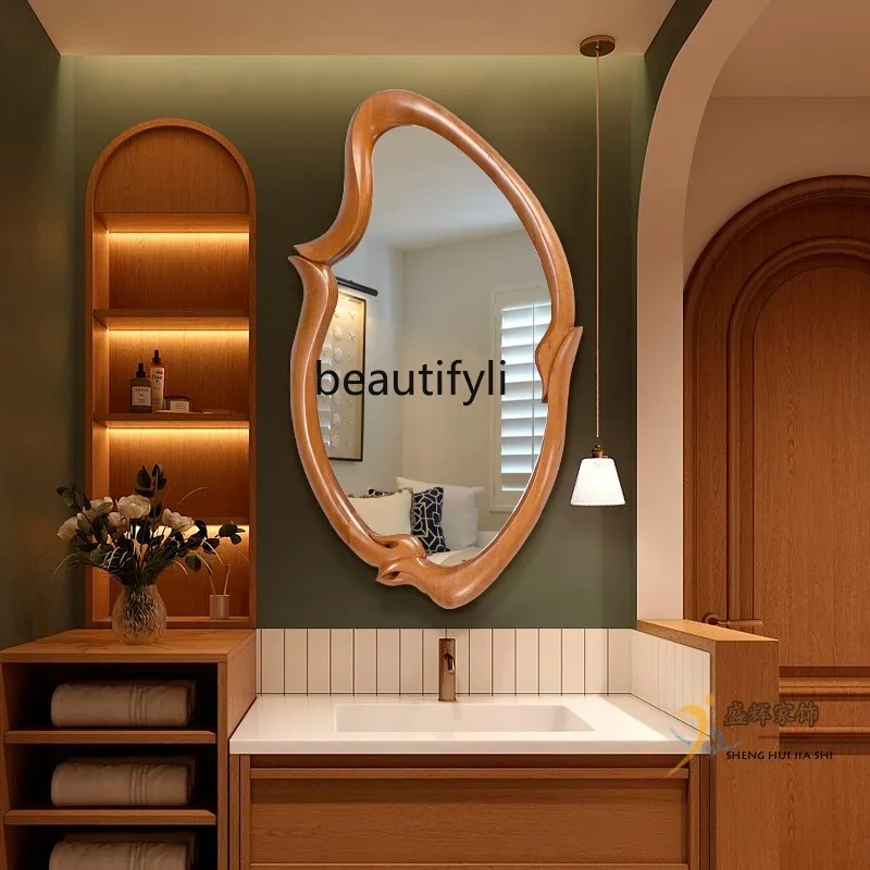 French Retro Bathroom Mirror Washstand Irregular Dressing Mirror Household Special-Shaped Wall-Mounted Makeup Mirror