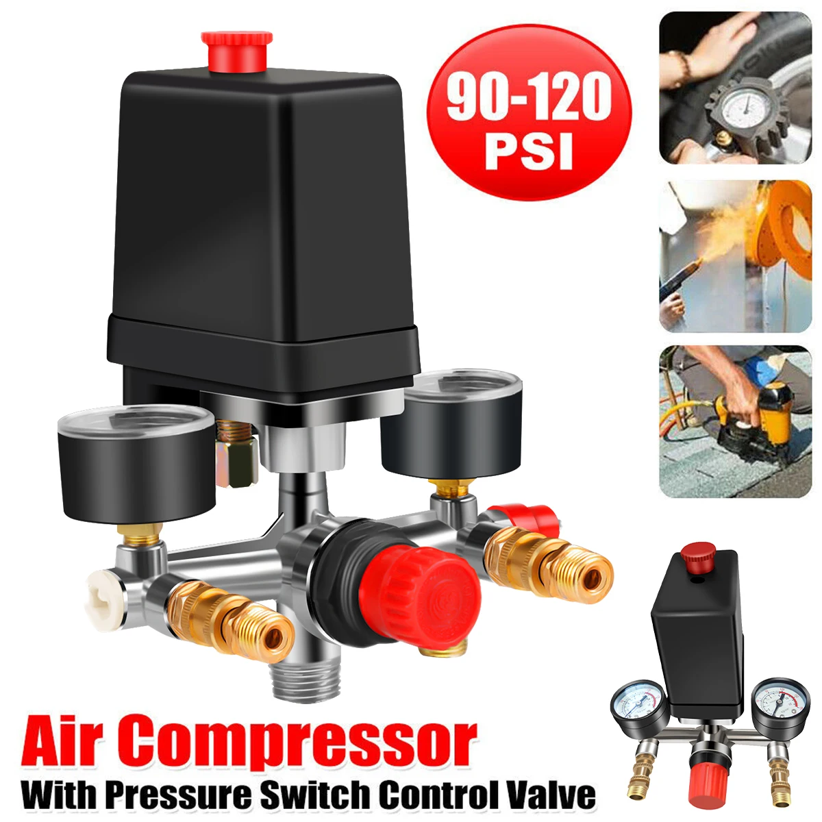 90-120PSI Air Compressor Pressure Switch Manifold Regulator Gauges Air Compressor Pressure Switch Control 220-380V Aluminum