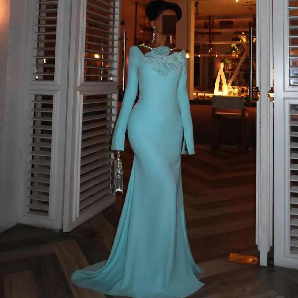 

Саудовская Аравия Пром платья для дам Джерси Русалка Вечернее платье Небесно-голубое вечернее платье с круглым вырезом и аппликацией из жемчуга Длинное вечернее платье с разрезом