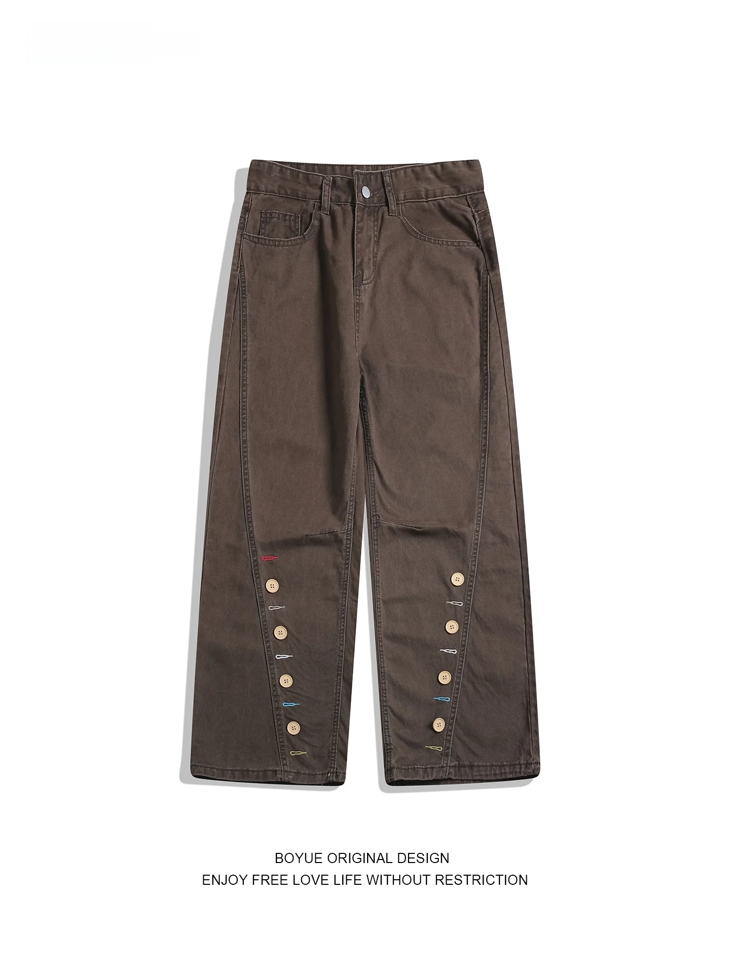 

Boyue American Retro Wide Leg Jeans Loose Decorative Button Design Men's Women's Straight Long Trousers Faionable Cotton Denim