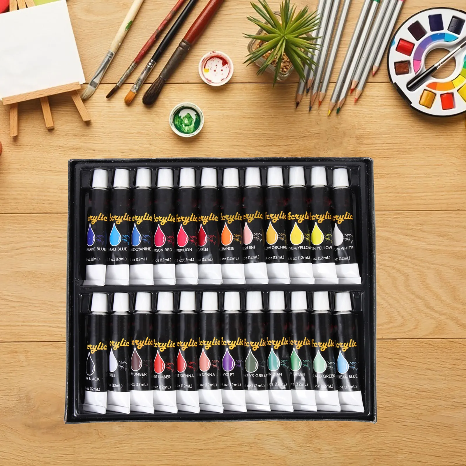 

24Pcs Acrylic Paint Set Waterproof High-Durability Pigment Kit Bright Opaque Coverage for Graffiti Drawing Sketching Adults