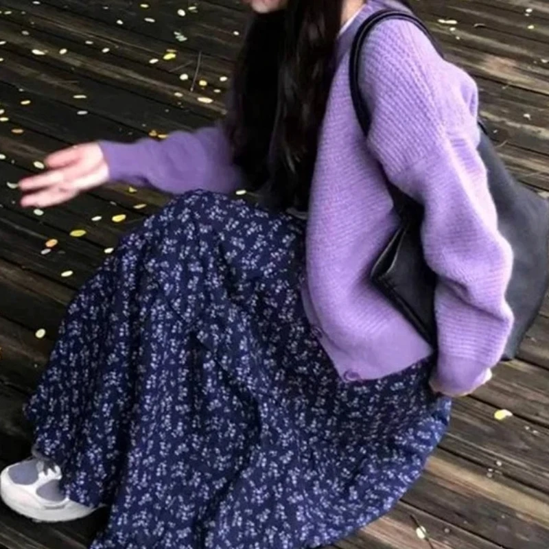 Women Korean Retro Floral High Waist Cake Skirt Casual Lazy Style Long Maxi Skirt