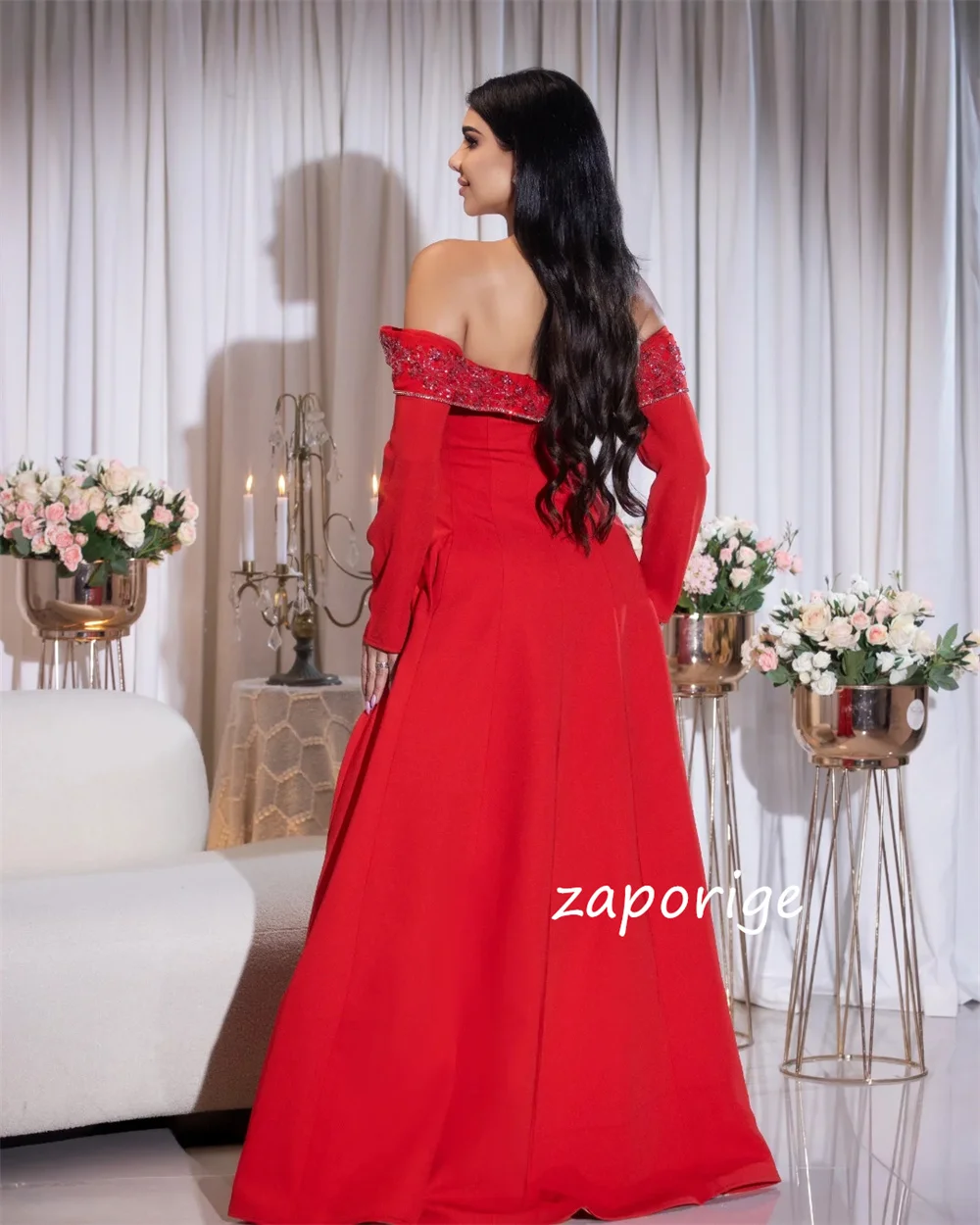 Abiti lunghi personalizzati in jersey di alta qualità con pieghe e paillettes A-line con spalle scoperte Occasioni su misura per feste eleganti