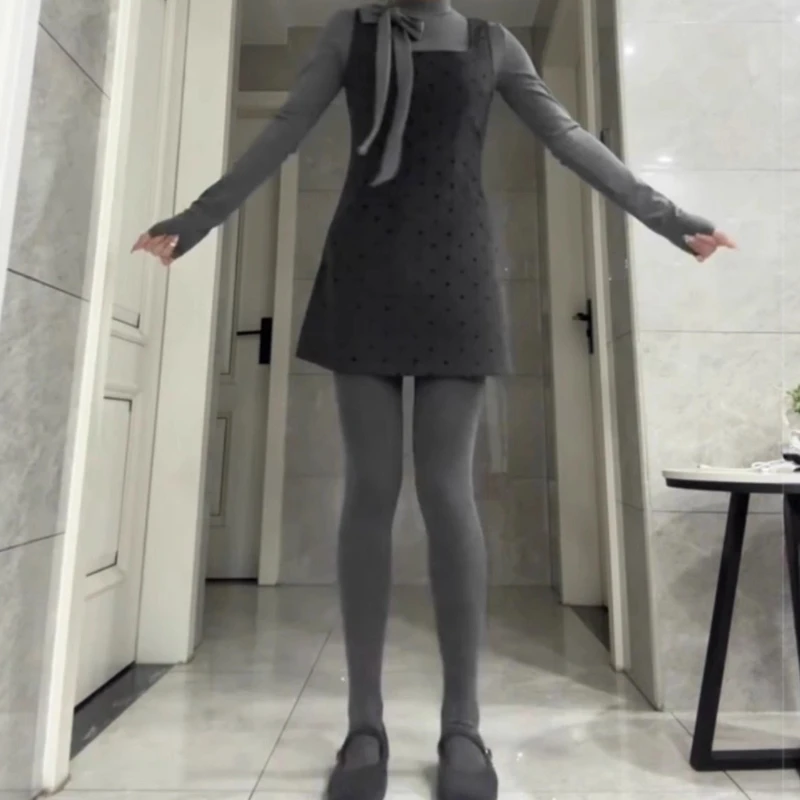 

Gray Semi-high-neck Long-sleeved T-shirt Women's Layered Polka Dot Slip Dress Suit Thin Base Dress Short Skirt