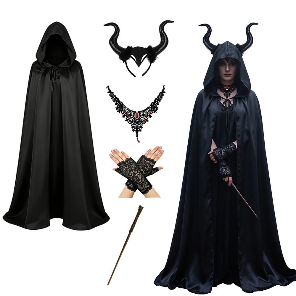 Conjunto de Cosplay de Bruja Gótica para Mujer, Capa Negra con Capucha, Diadema con Cuernos de Diablo, Accesorios de Encaje, Varita, Disfraz para Halloween, Carnaval y Fiestas de Disfraces