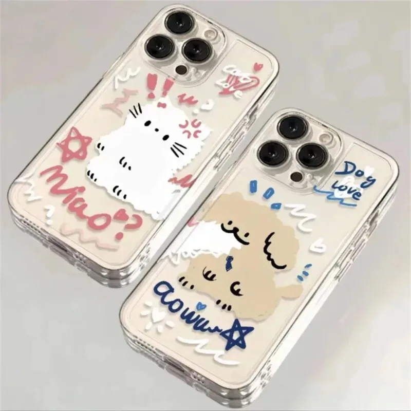 

Cute Cartoon Cat Dog Couple Phone Case For iPhone 17 16 15 11 12 14 13 Pro Max Mini XS XR 7 Plus 17E Air Shockproof Cover Fundas