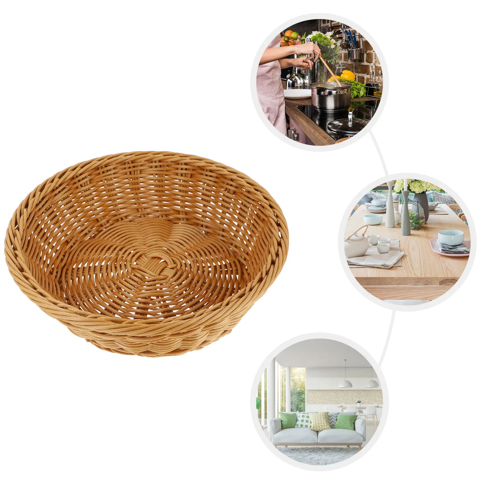 

1pc Storage Basket Kitchen Organizer Fruit Bread Basket Pantry Imitation Rattan Food Serving Tray Hollow Design Easy Wash