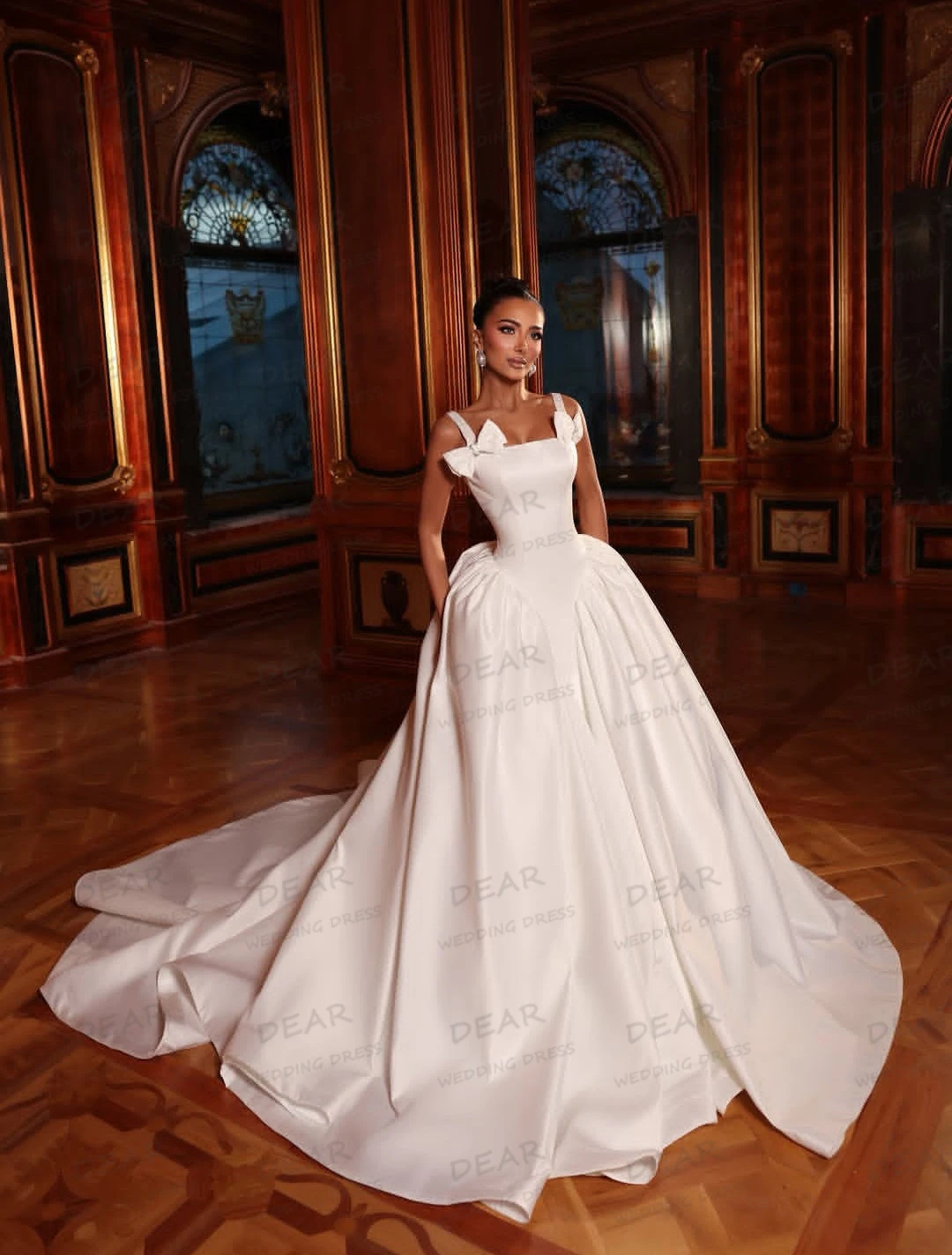 Simple Satin Elegant Wedding Dresses A Line Sweep Train Sexy Bows Women's Bridal Gowns Fluffy Sleeveless Vestidos Customized
