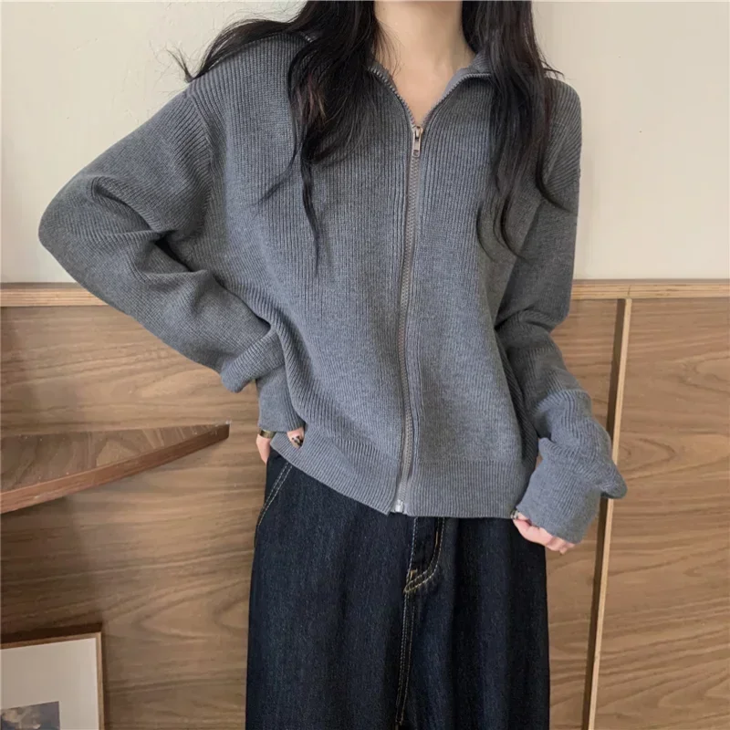 

Cardigans Women Zipper-up Turn-down Collar Sweater Knitwear Classic Slouchy Autumn Winter Outwear All-match Loose Fashion 2024