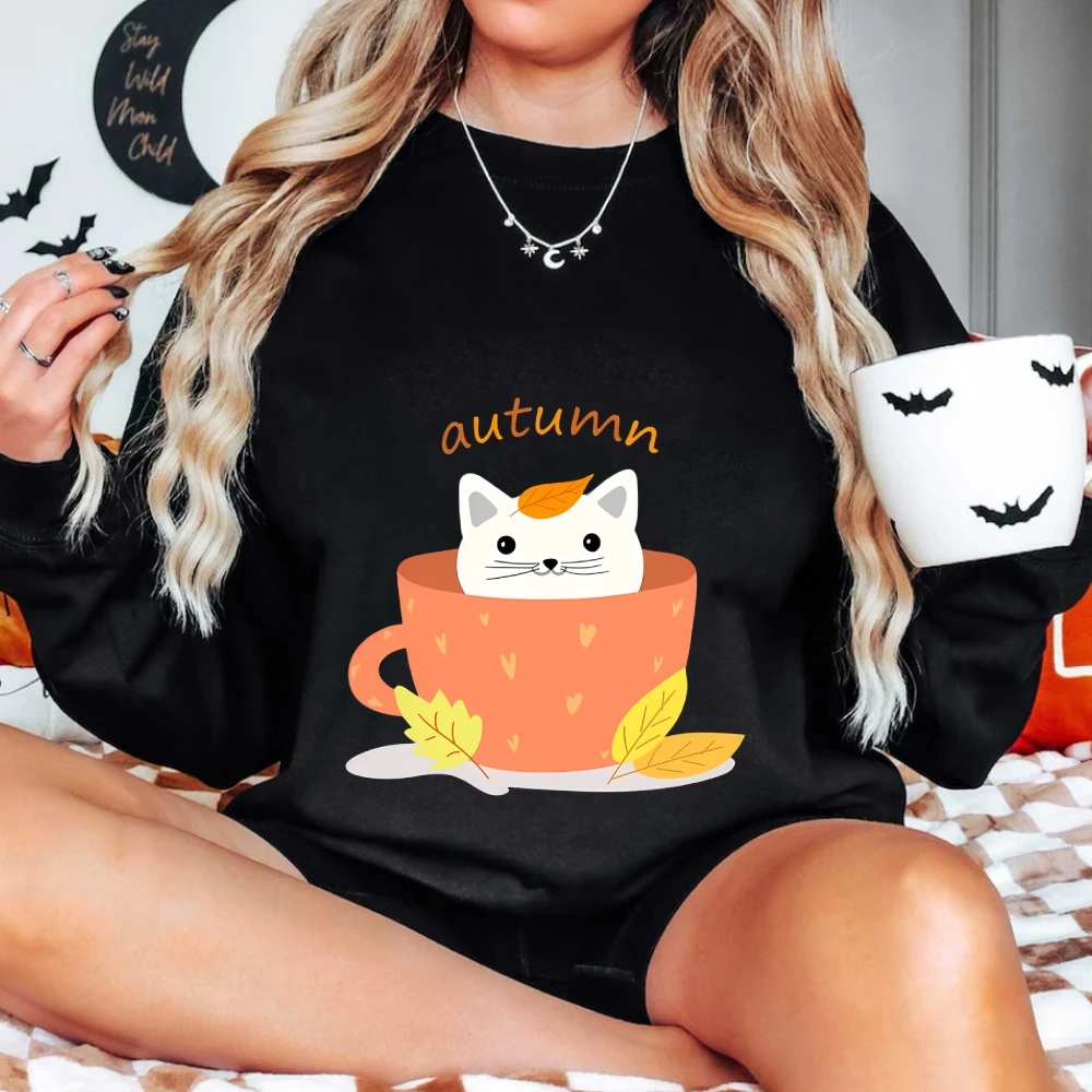 Y2K Oversized Sweatshirts Met Kat In Cup Grafische Herfst Hoodies Street Fashion Dames Trui Casual Loose Fit Neutrale Kleding