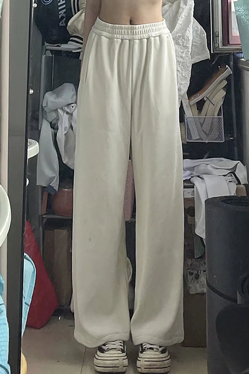 Witte Fce gevoerde losse sportbroek met wijde pijpen voor dames Hoge taille Lange rechte broek Sexy meisjes casual broek