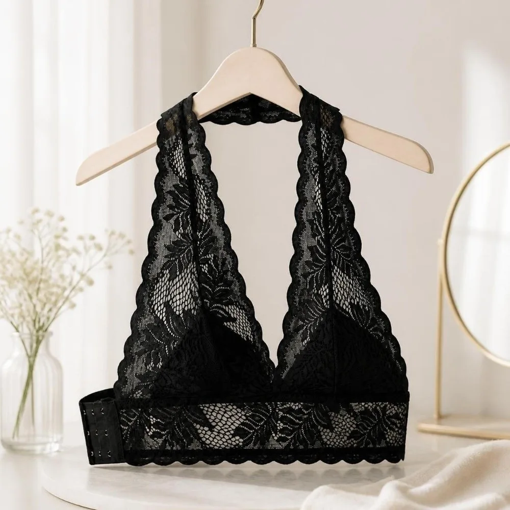 Underwear Hanging Neck Lace Push-Up Bra Mesh Transparent Seamless Halter Bra Side Buckle Ultra Thin Wireless Bra Women