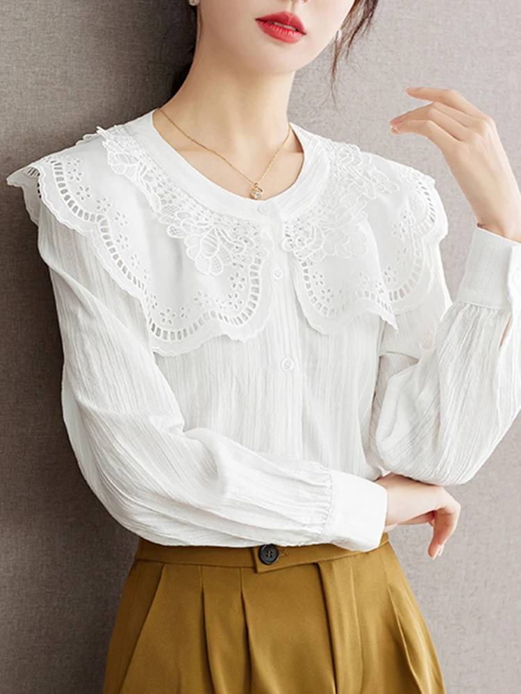 2024 New Women\'s Fashion Versatile Ruffle Edge Doll Neck Long Sleeve Solid Color Shirt Niche Design Sense Shirt