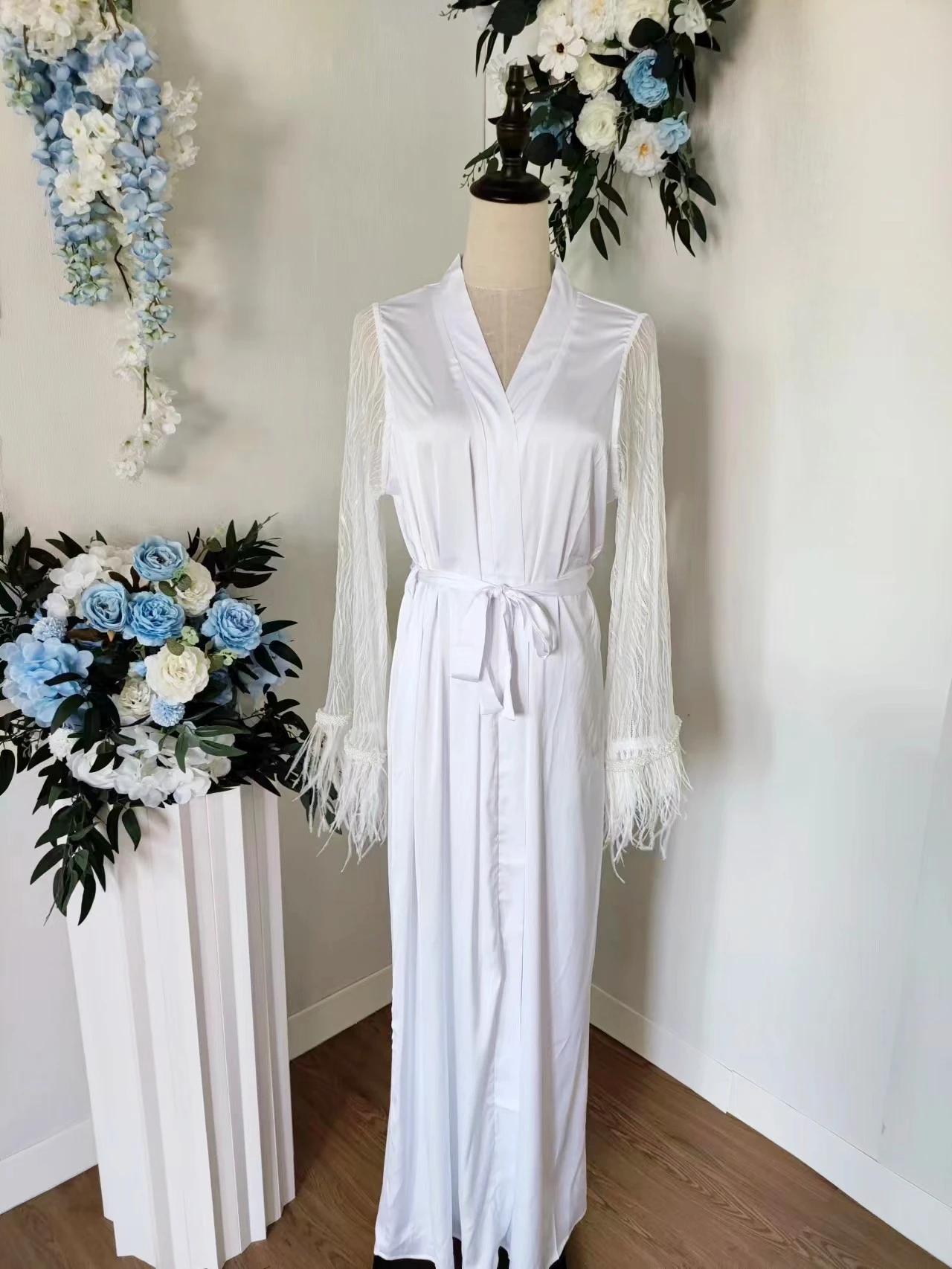 Long Bridal Robe with Lace Maxi Robe with Feather Wedding Kimono Luxury Robe Floor Length, Sleeves Beads Shawl Collar Bridal