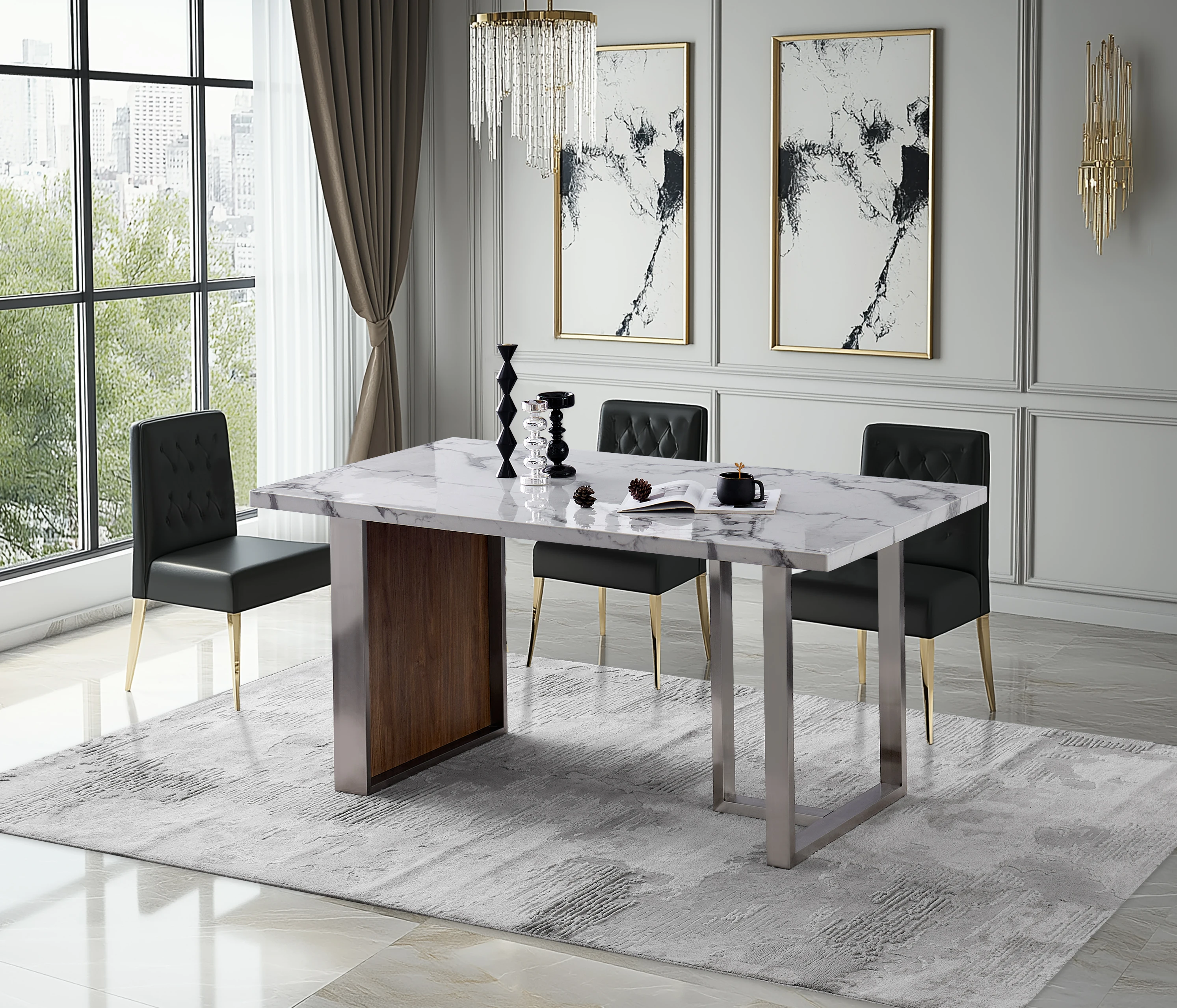 

# Elegant Luxurious Marble MDF Dining Table 6-Seater Rectangular 63"L*35.4"W*29.8"H Walnut Stainless Steel Legs Modern