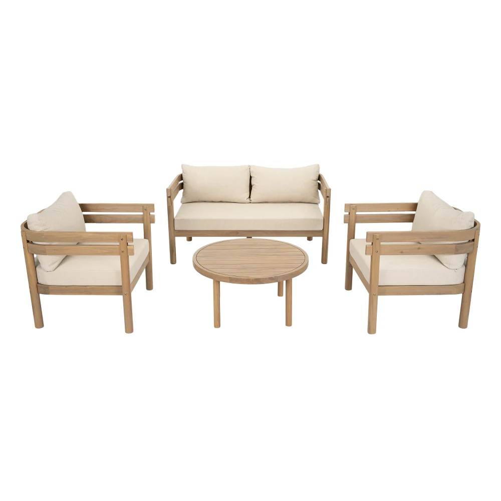 4-Piece Acacia Wood Patio Furniture Set, Light Brown Outdoor Conversation Set with Beige Water Repellent Cushions, Loveseat, 2 Chairs & Coffee Table