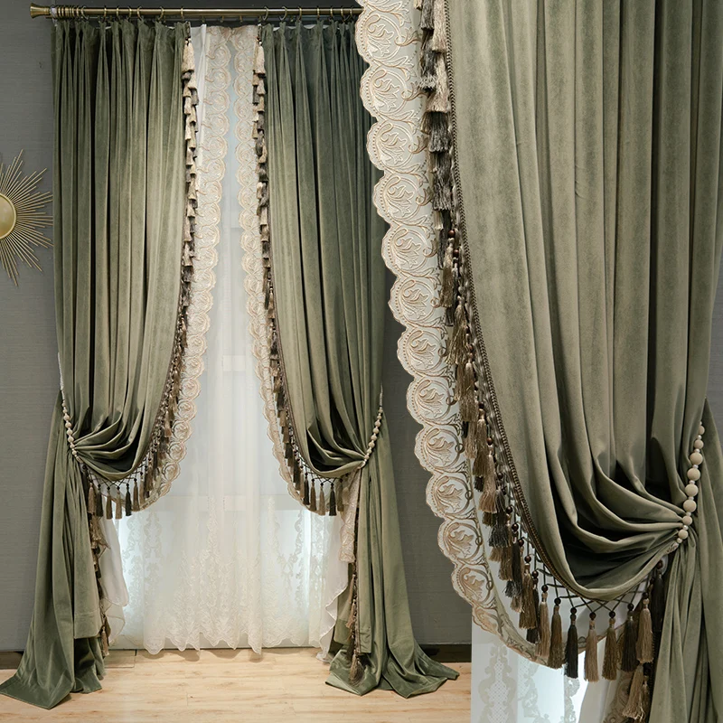 

Custom curtain American retro green flannel thick European bedroom luxury villa velvet cloth blackout curtain tulle drape C1409