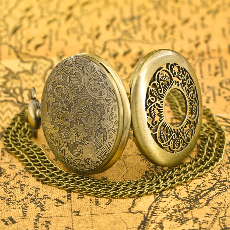 빈티지 청동 조가비 오픈워크 꽃 조각 목걸이, 쿼츠 포켓 시계, 패션 쥬얼리, 여성용 선물