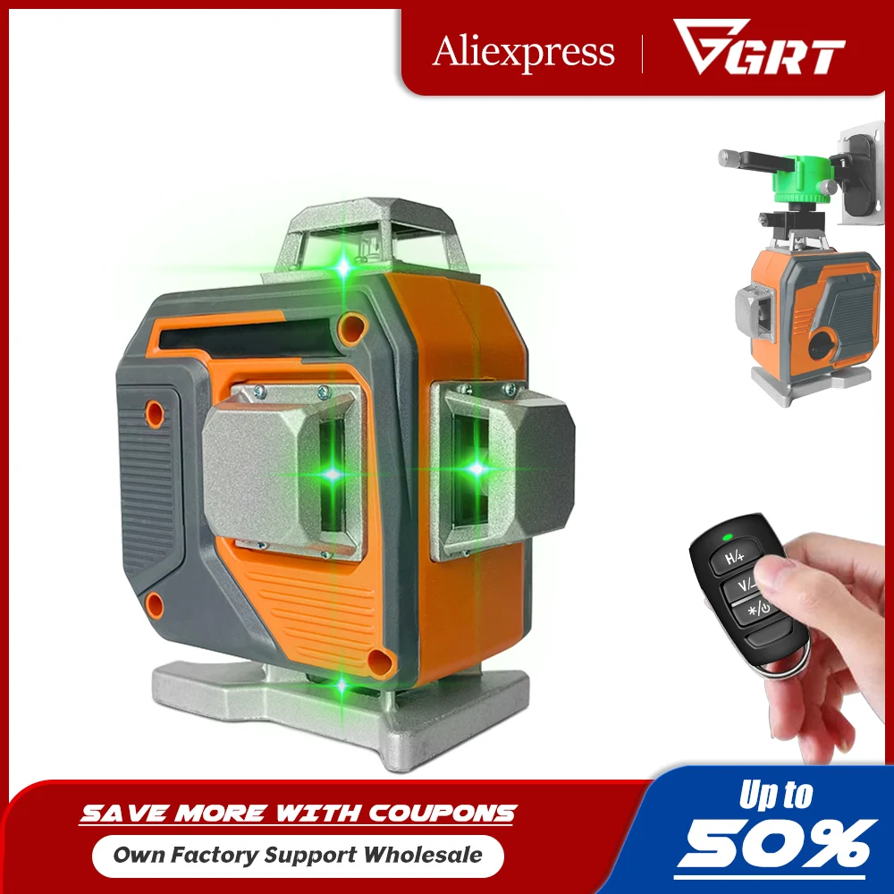 12/16 Lines 4D Laser Level Self Leveling 360 Horizontal and Vertical Super Powerful Green Beam Laser Level Remote Control