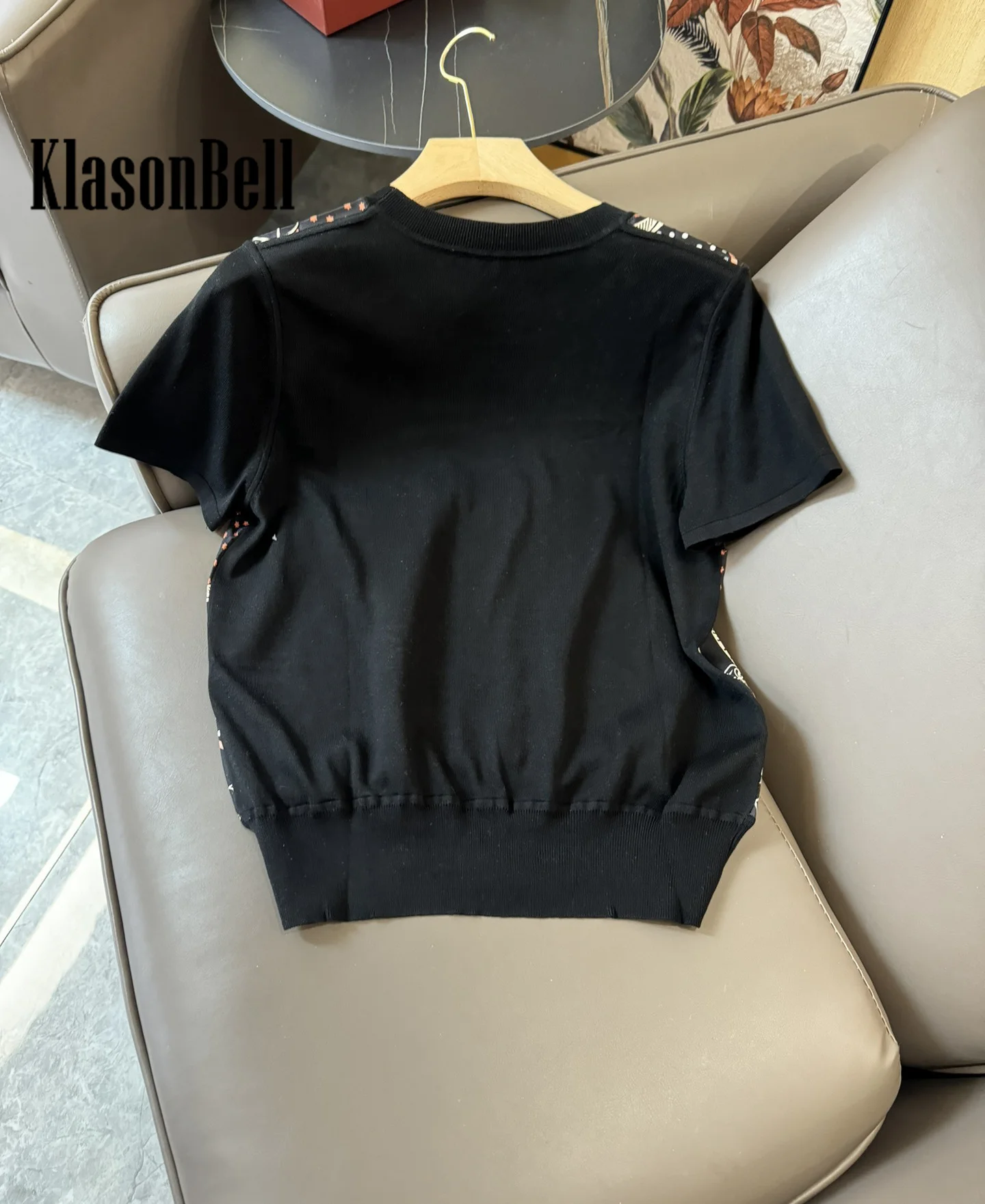 6.29 KlasonBell Women New Geometric Star Print Silk Spliced Short Sleeve Knitted T-Shirt Black Temperament Slim Tee