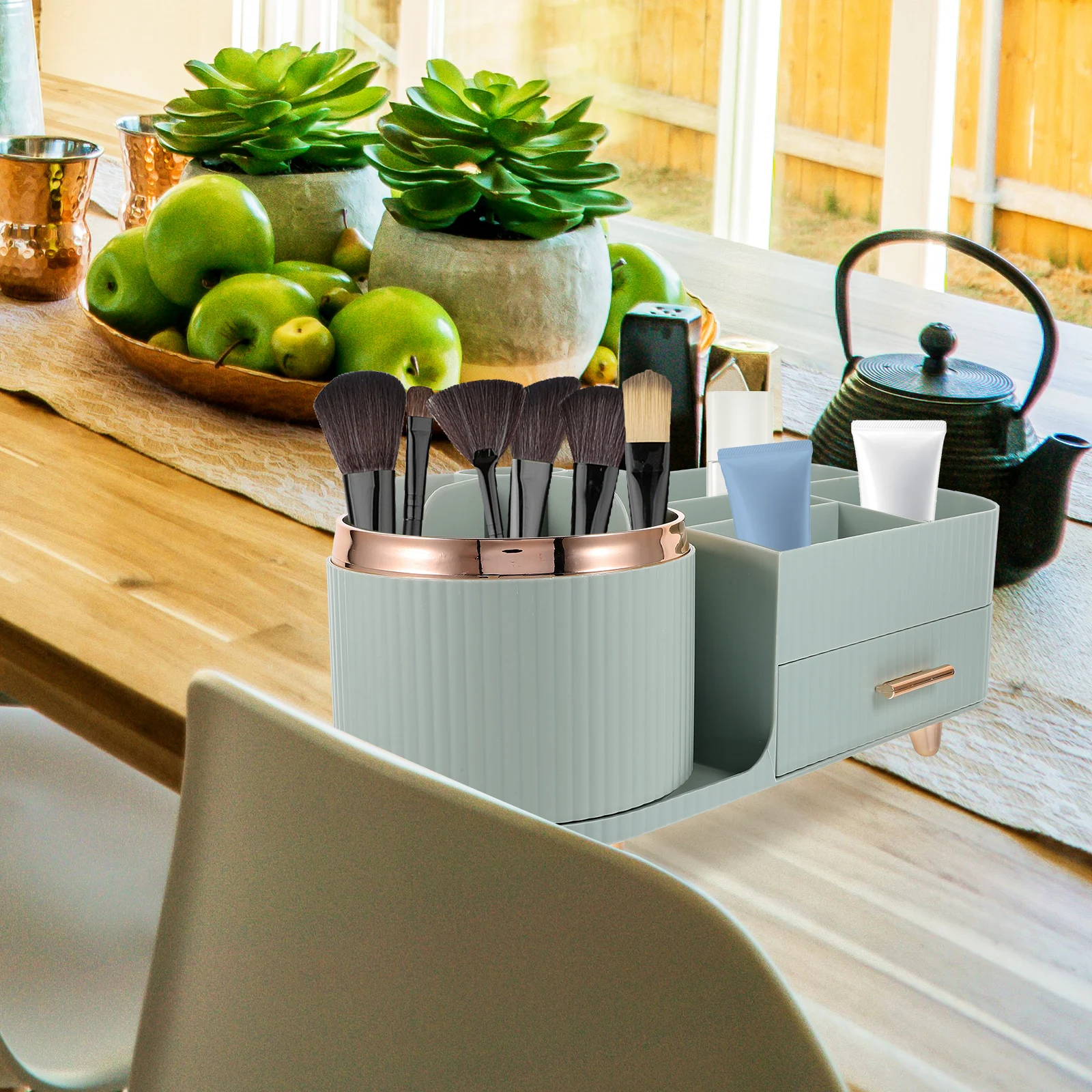 

Rotating Makeup Brush Holder Organizer Plastic No Cover Blue Desktop Vanity Storage Solutions Beauty Tools