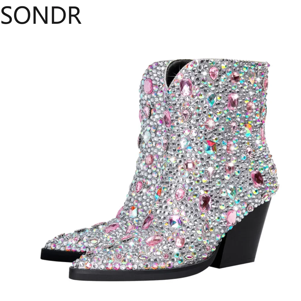 Rhinestones Diamonds Crystal Ankle Boots Womens Chelsea Chunky High Heel Pull On Western Shoes Luxury New 2024