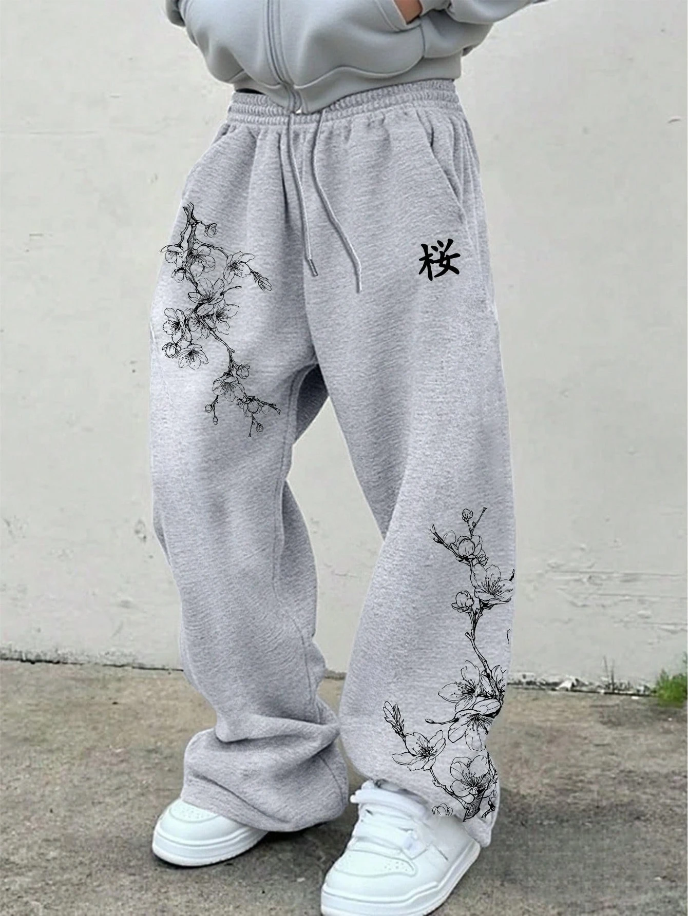 Graue Sommer-Sweatpants für Herren mit Kirschblütenmuster und japanischem Print, Kordelzug, locker geschnitten, Street-Style Y2K – Detail 6