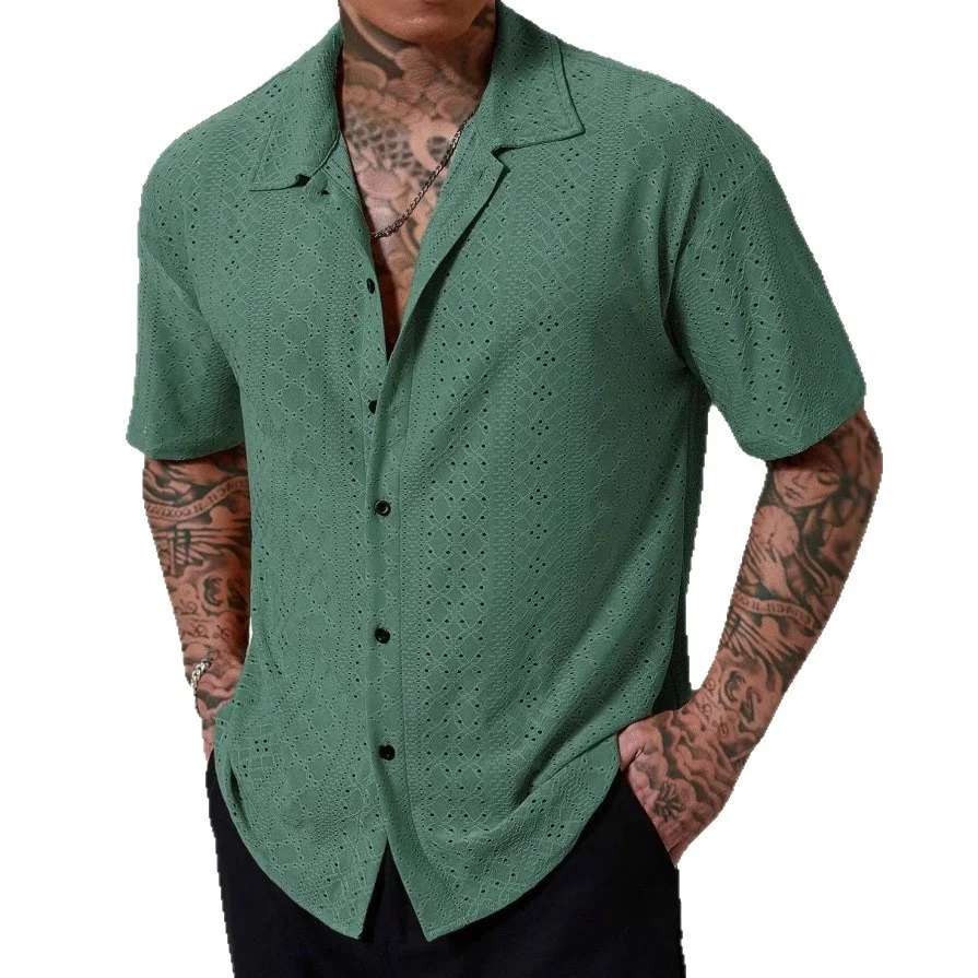 Casual Short Sleeve Men's Shirt Versatile Floral Embroidery Breathable Summer Fashion Polyester Material Comfortable Fit